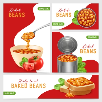 Set of four realistic banners with tin bowl and toast with baked beans in tomato sauce isolated vector illustration