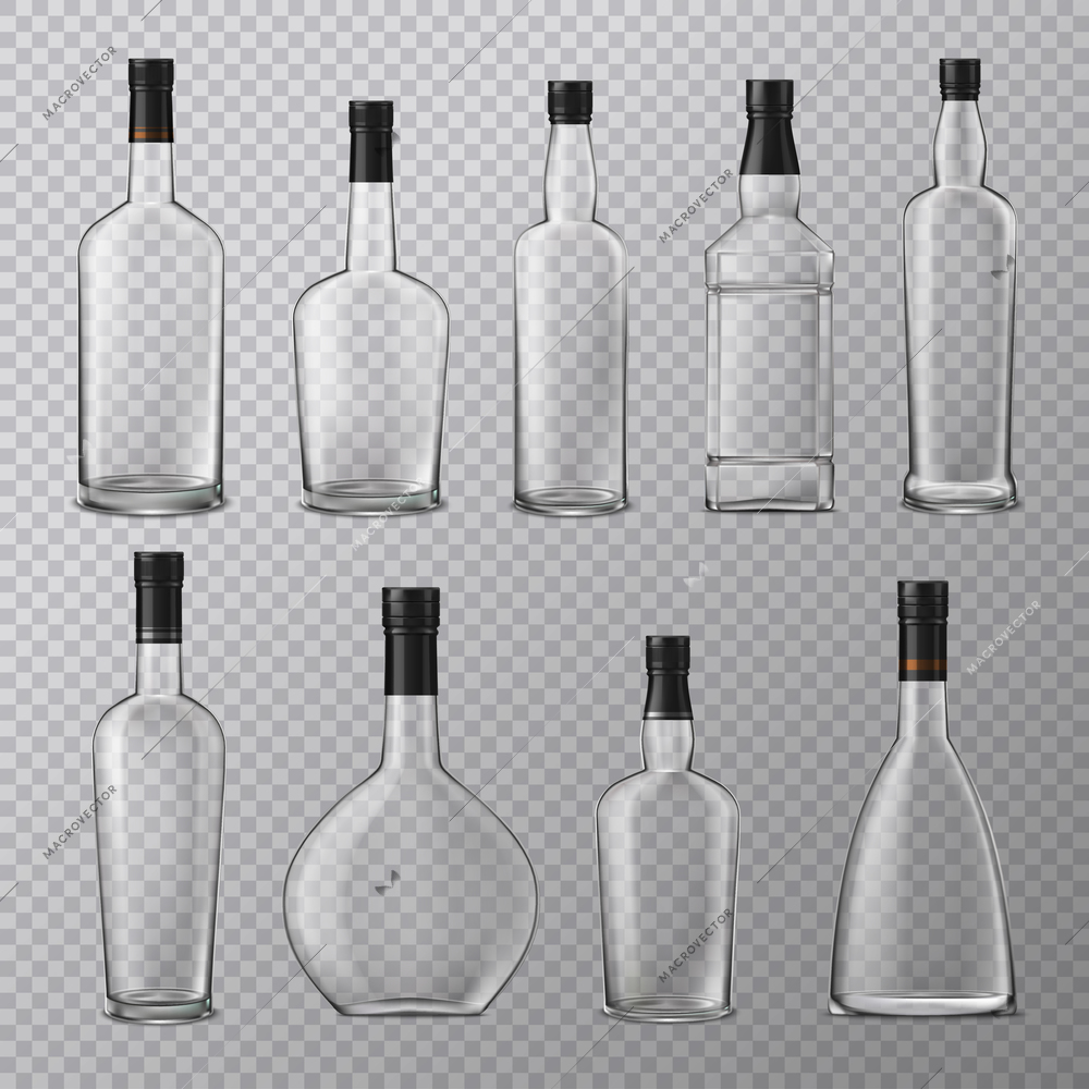 Brandy cognac whiskey glass bottles set with empty alcohol jars of different shape on transparent background vector illustration