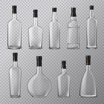 Brandy cognac whiskey glass bottles set with empty alcohol jars of different shape on transparent background vector illustration