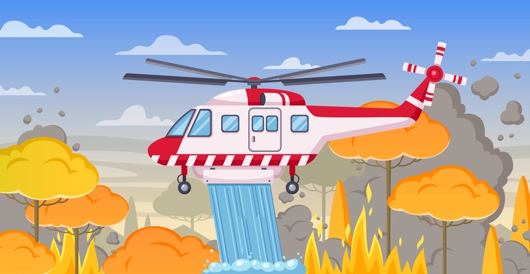 Firefighters cartoon composition with forest landscape and burning trees with smoke clouds and water bombing helicopter vector illustration