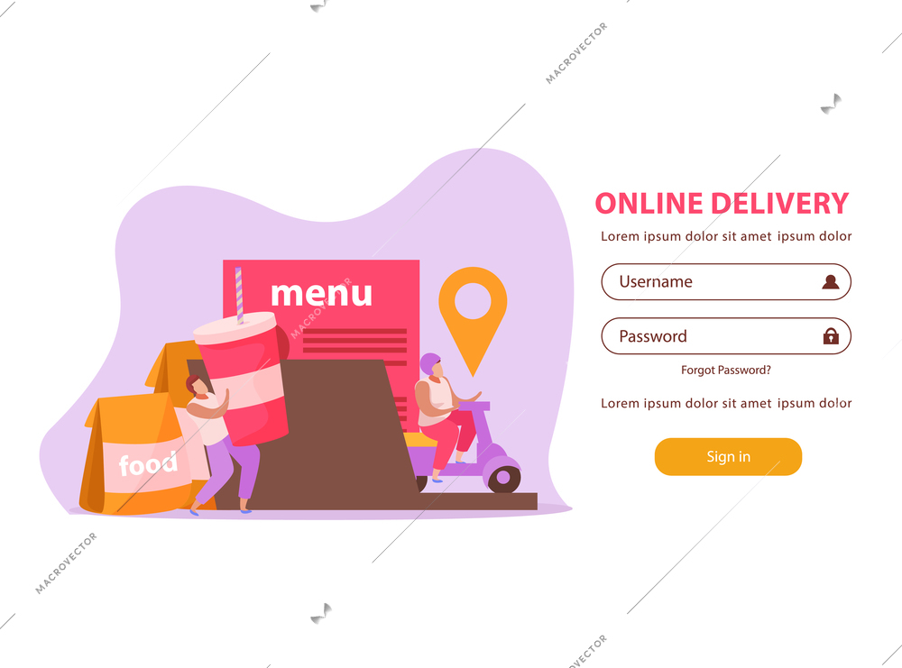 Food delivery flat background for web authorization page with food couriers images and username password fields vector illustration