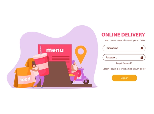 Food delivery flat background for web authorization page with food couriers images and username password fields vector illustration