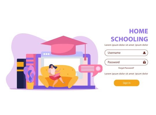 E-learning home schooling flat background web site authorization page with composition of remote education images vector illustration