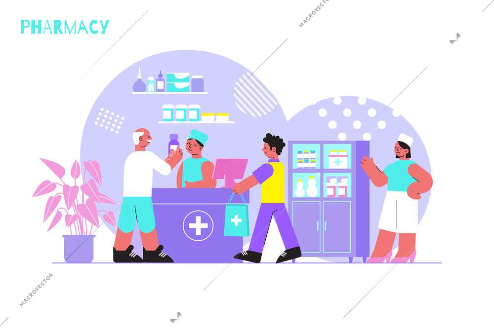 Pharmacy flat background with pharmaceuticals and customer in drugstore interior vector illustration