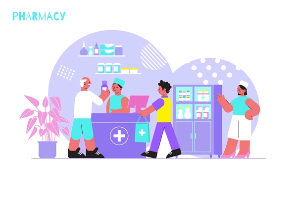 Pharmacy flat background with pharmaceuticals and customer in drugstore interior vector illustration