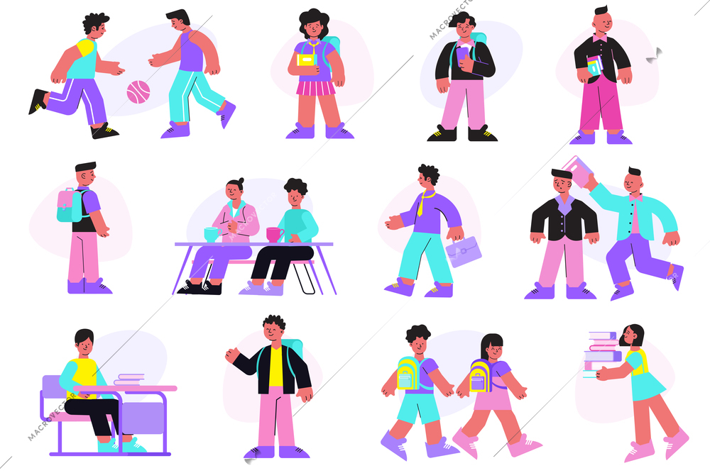 School college students pupils in library canteen playing soccer basketball sitting at desk flat set vector illustration