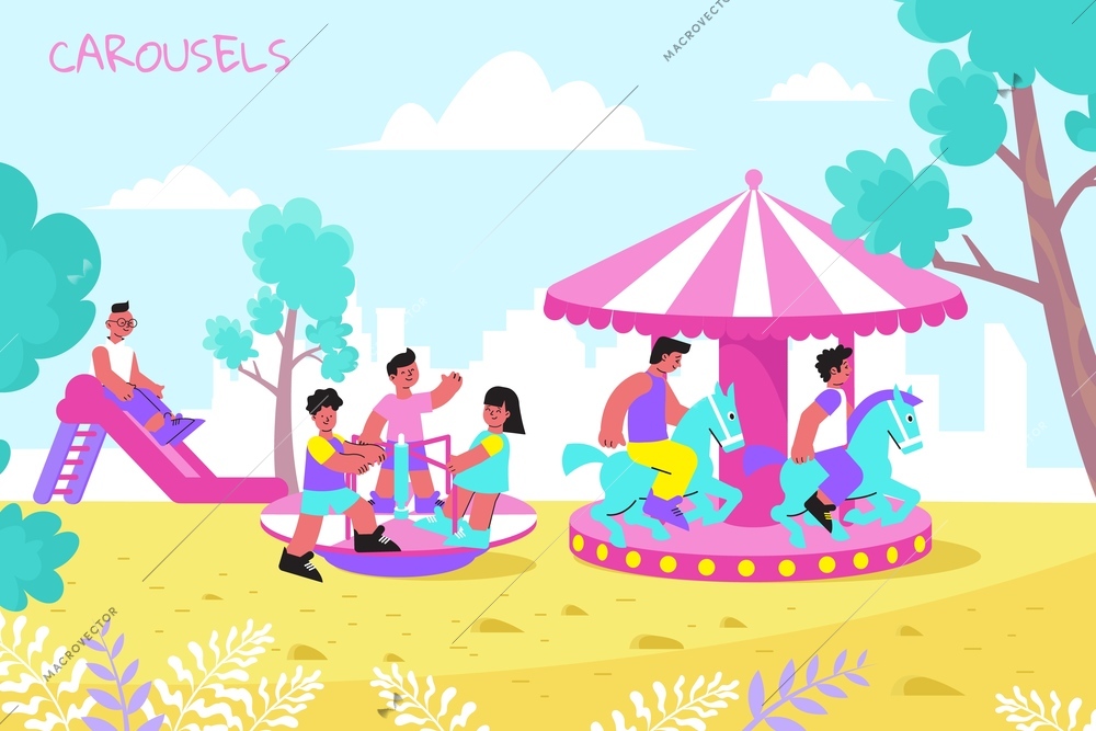 Amusement park playground slide flying horses kids carousel rides with playing children cityscape background flat vector illustration