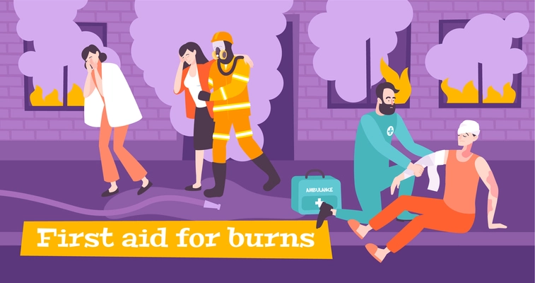 First aid burn flat composition with text and fire ravaged people with doctor and fire fighter vector illustration