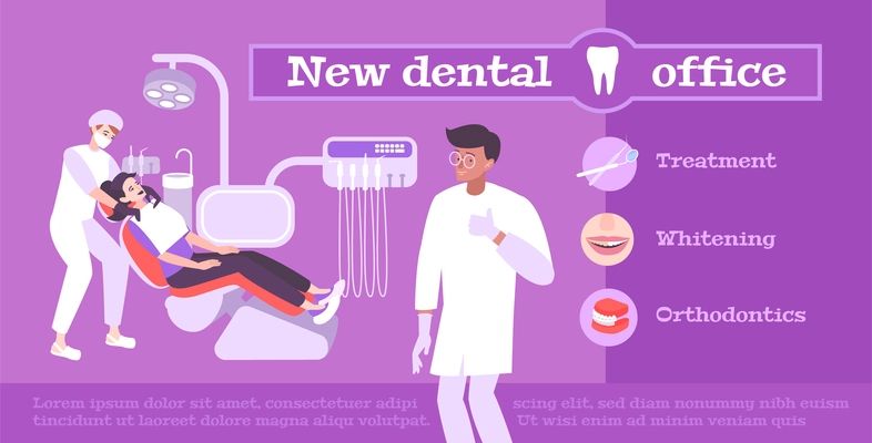 Dental clinic horizontal banner with advertising text service icons and human characters of doctors with patient vector illustration