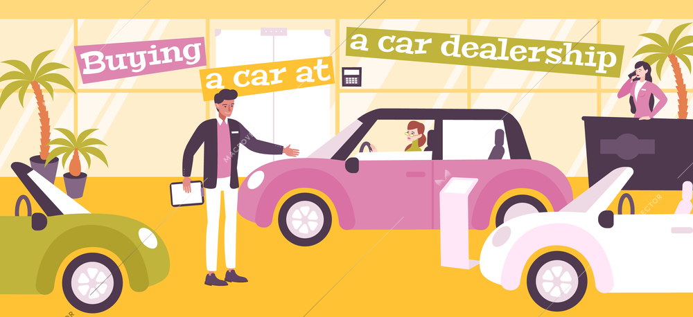 Car purchase woman flat composition with automobile dealership scenery and people with new cars and text vector illustration