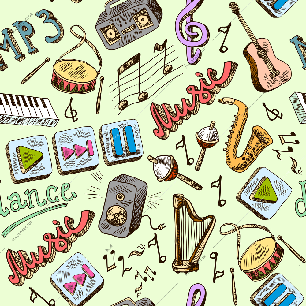 Music mp3 doodles seamless pattern with piano play pause color icons vector illustration