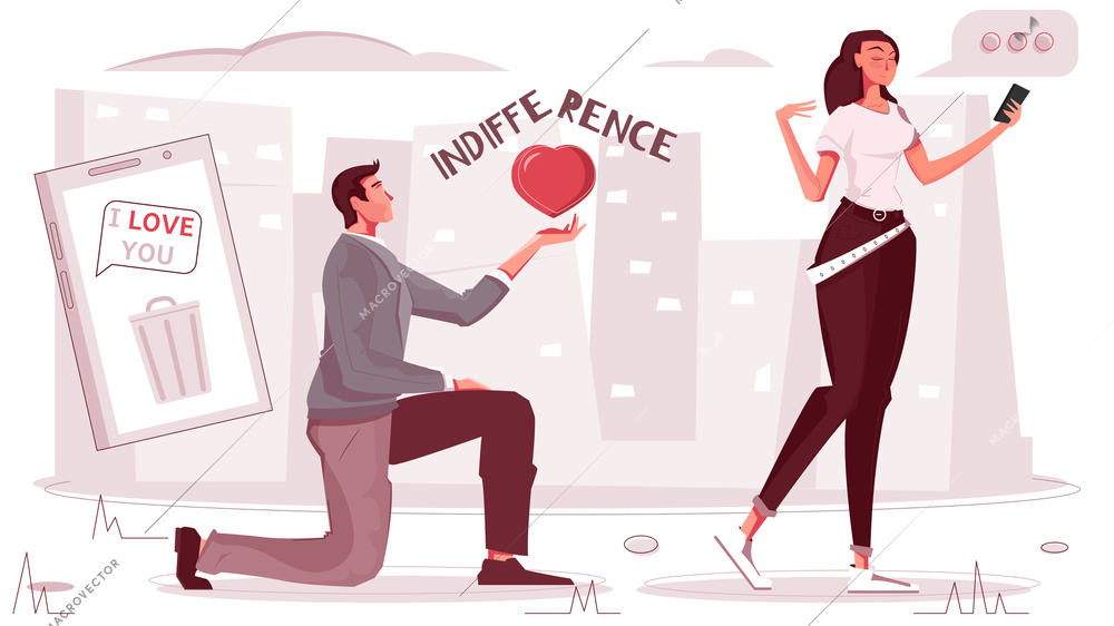 Unrequited love flat composition with cityscape background and thought bubbles with text and characters of lovers vector illustration