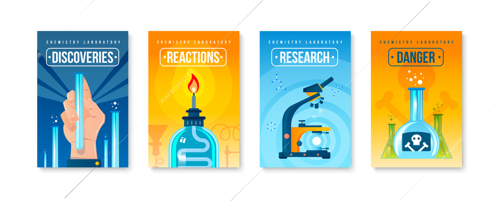 Set of four flat vertical posters with laboratory equipment for research and dangerous chemicals isolated vector illustration