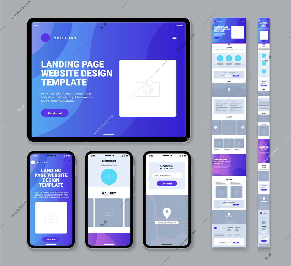 Set of modern website landing page design templates for mobile phone or tablet with gallery articles contact form flat isolated vector illustration