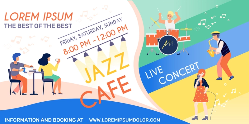 Music concert horizontal banner with editable text announcement and flat images of notes with performing musicians vector illustration