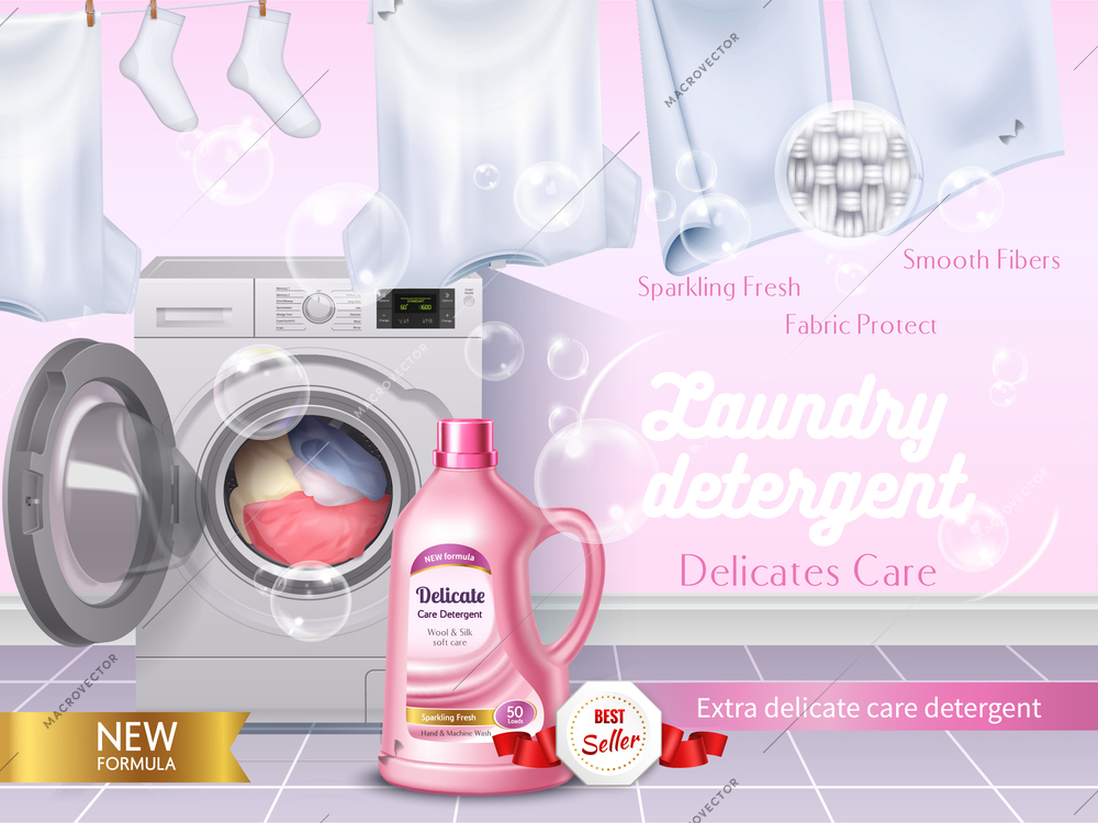 Realistic laundry detergent composition  with delicates care headline and soft pink color of product vector illustration