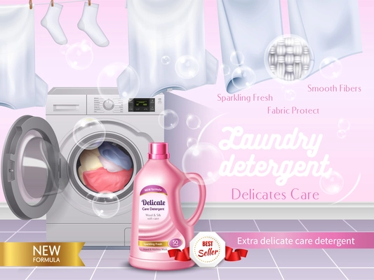 Realistic laundry detergent composition  with delicates care headline and soft pink color of product vector illustration