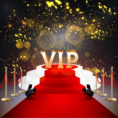 Realistic colored red carpet composition with white stairs lights confetti salute and vip abstract word on top of pedestal vector illustration