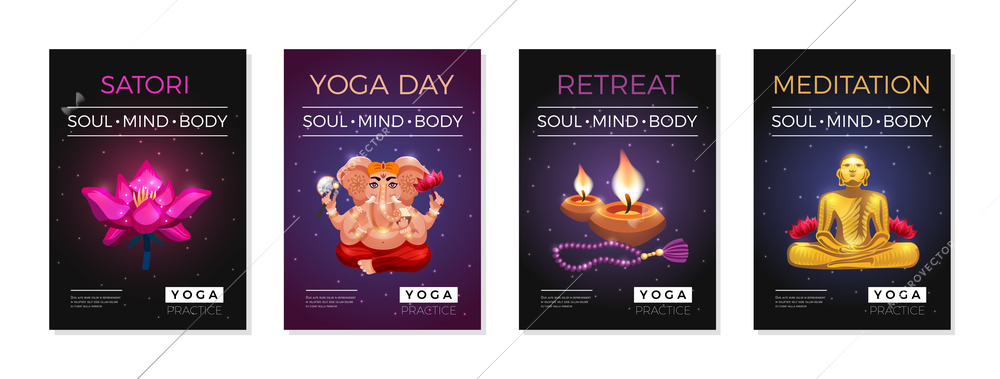 Yoga soul mind body meditation retreat starry sky background vedic posters set with candles lotus vector illustration