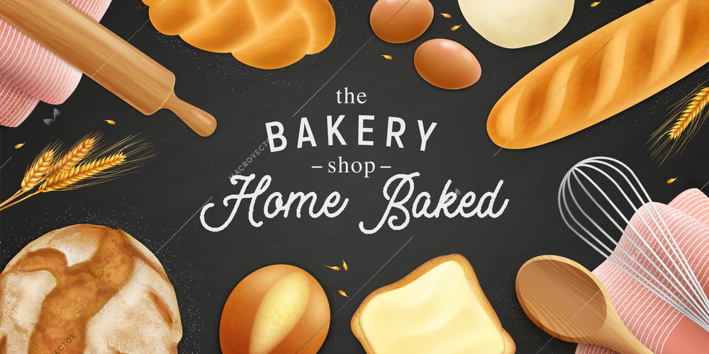 Realistic bread pastry ads horizontal poster background with editable ornate text surrounded by crumbs and bakery vector illustration