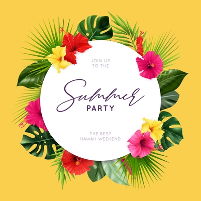 Realistic hibiscus composition of solid circle frame with editable text and tropical leaves with colourful flowers vector illustration