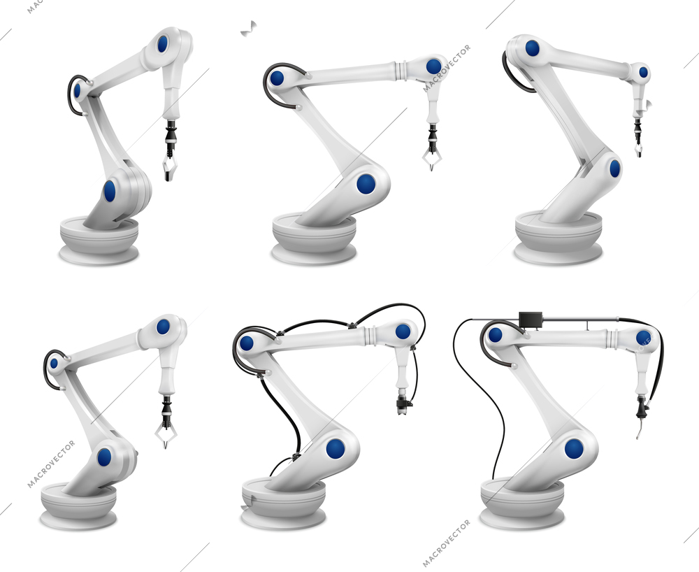 Mechanical robotic arms realistic set of 6 white remote controlled or programmable industrial varieties isolated vector illustration