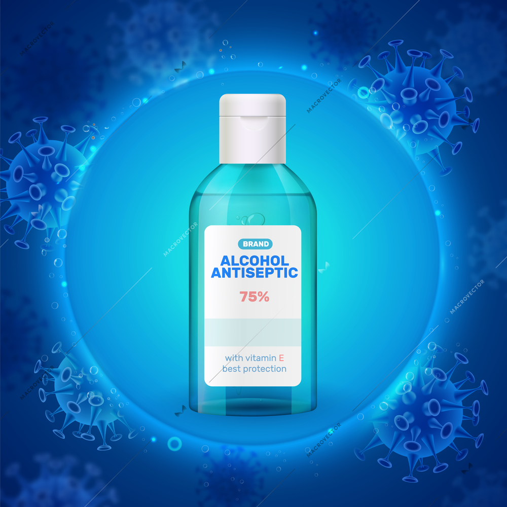 High alcohol concentration antiseptic sanitizer realistic green transparent plastic bottle against luminous blue virus background vector illustration