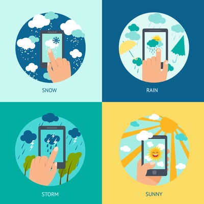 Weather smart phone set snow rain storm and sunny forecast isolated vector illustration