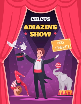 Circus program poster with amazing show symbols cartoon vector illustration