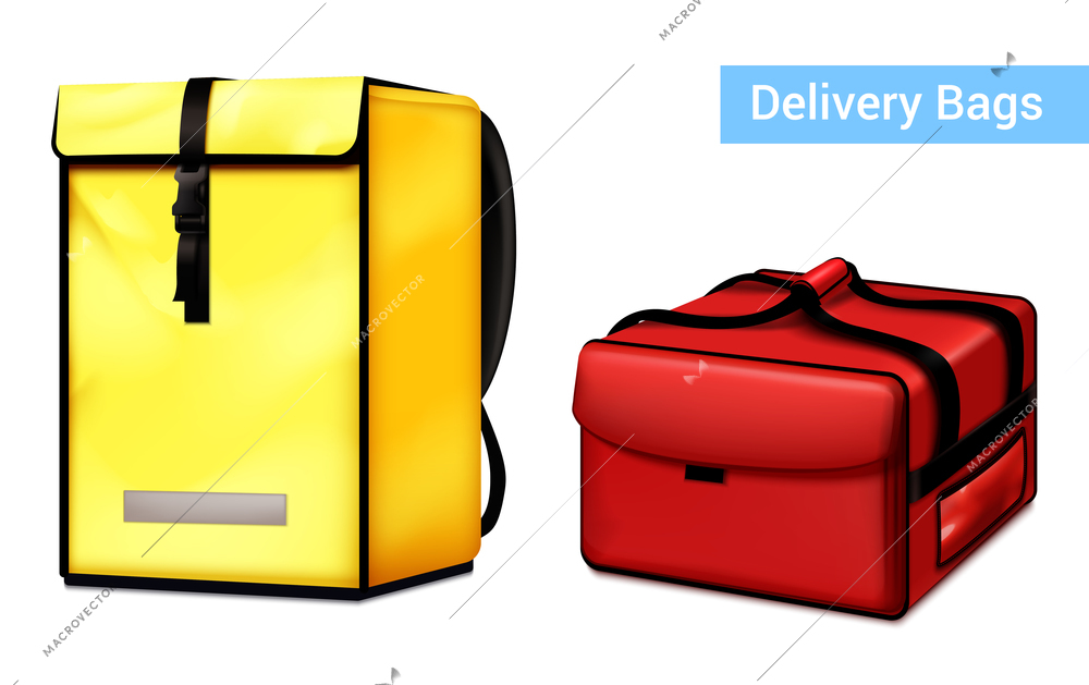 Food delivery courier insulated bag and backpack closeup realistic set bright yellow red colors  vector illustration