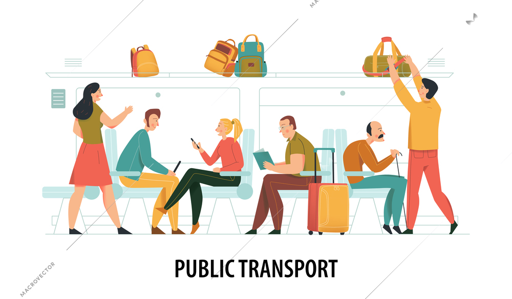 Public transport composition with commuting people symbols flat vector illustration