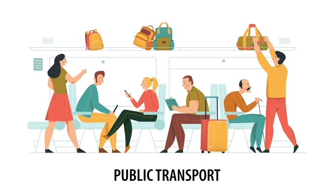 Public transport composition with commuting people symbols flat vector illustration