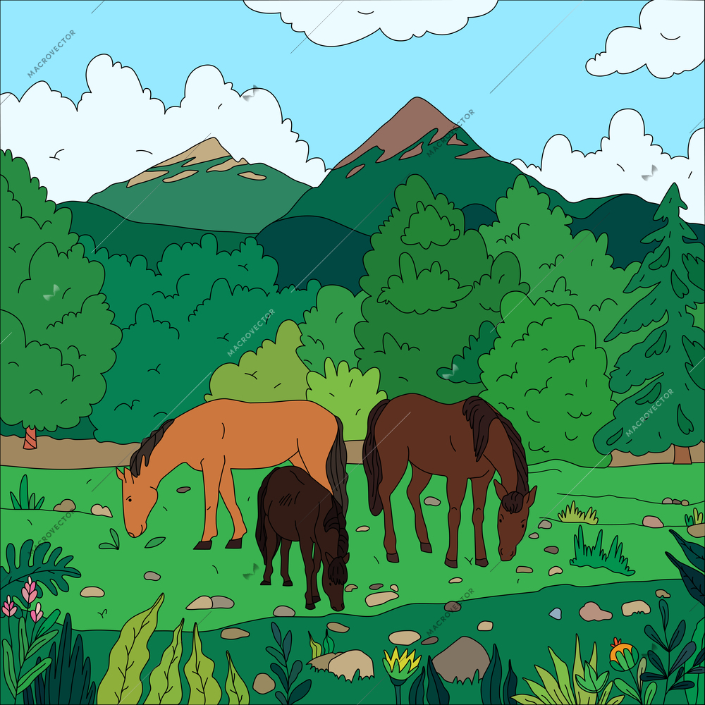 Rural landscape with three grazing horses and mountains in background flat vector illustration