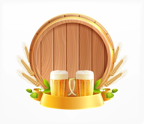 Wooden barrel beer emblem realistic composition with glasses pieces of wheat heads and wood beer cask vector illustration