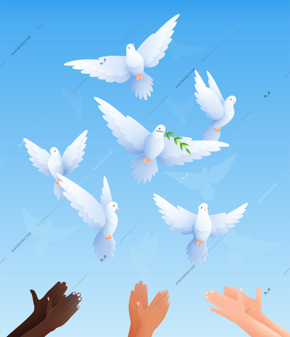 Pigeons flat composition with clear blue sky background and human hands of different colour liberating pigeons vector illustration