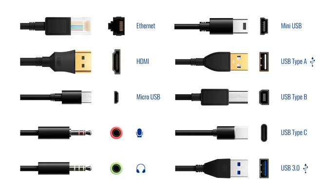 Usb types port plug in realistic set of isolated computer wire connectors and editable text captions vector illustration