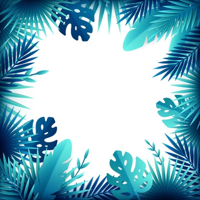 Paper tropical leaves flowers frame composition with empty space surrounded by exotic bushes and plants images vector illustration