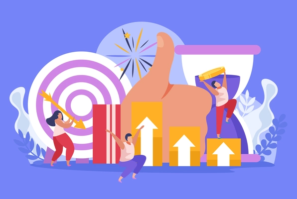 Winner people flat composition with icons of targets and growth arrows with characters of happy people vector illustration