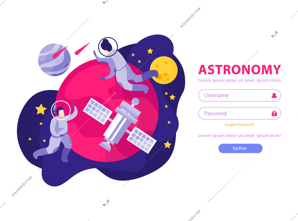 Astronomy space people flat background web site authentication page with fields for entering username and password vector illustration