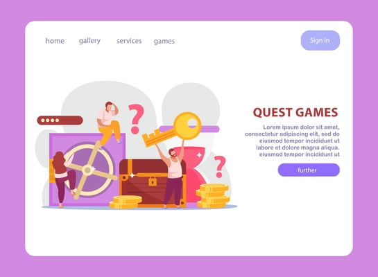 Quest game flat website design landing page with composition of doodle images clickable links and text vector illustration