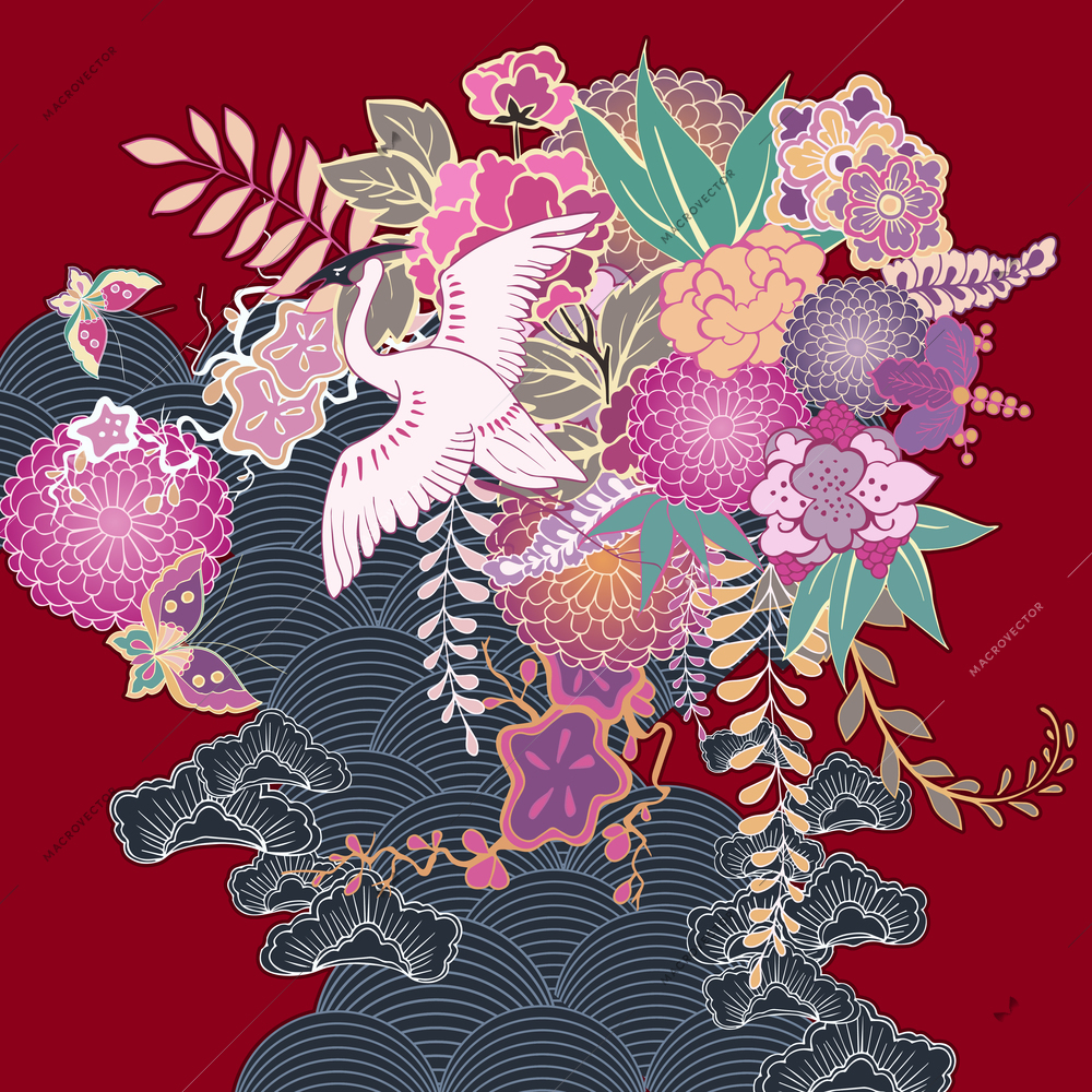 Oriental vintage kimono floral motif vector illustration