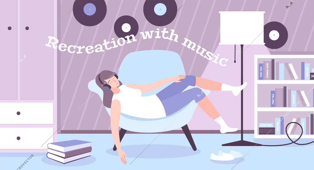 Recreation with music flat background with girl wearing headphones listening to music lying in  chair vector illustration