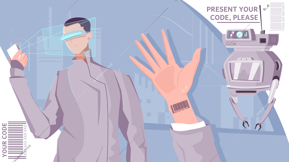 People barcode flat composition with abstract background and human character with futuristic hand scanner and robot vector illustration