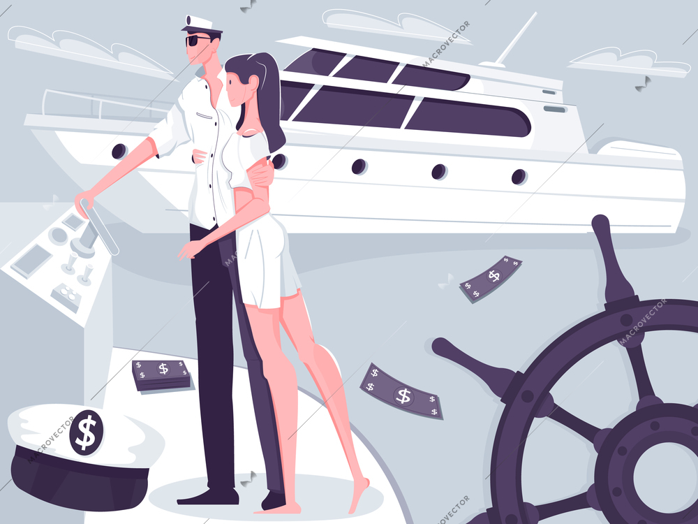 Rest on yacht composition with flat doodle style characters of young couple with money and boat vector illustration