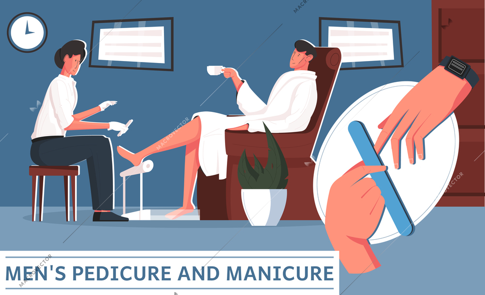 Manicure pedicure man flat composition with cosmetic salon scenery and doodle characters male client with text vector illustration