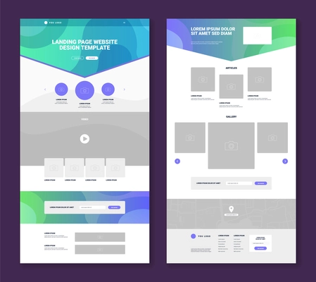 Set of two website landing page templates with simple design gallery articles video map contact form flat isolated vector illustration