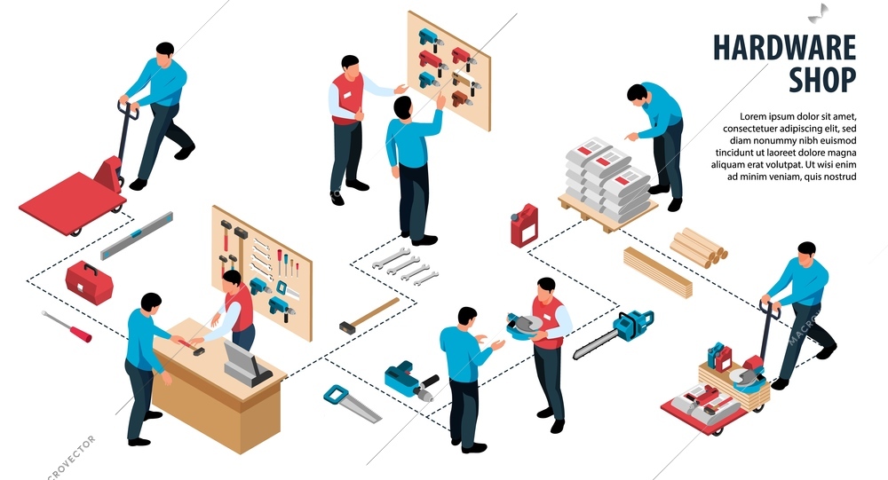 Hardware shop infographics with customers cashier cash desk building tools 3d isometric vector illustration