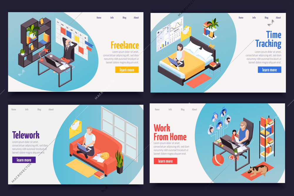 Remote distant work managing concept 4 isometric web banners with freelance teleworking home time tracking vector illustration