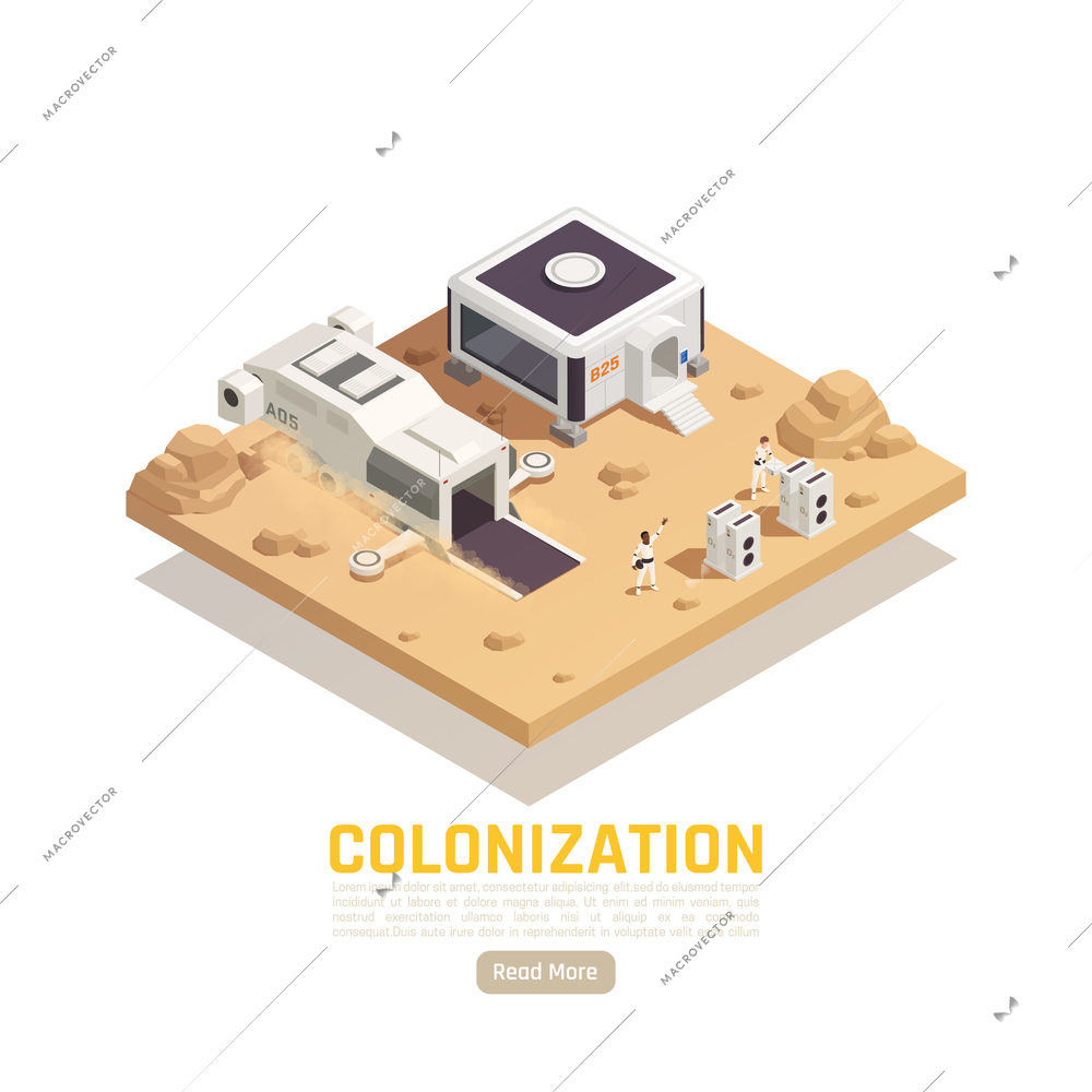 Space colonization terraforming isometric background with editable text read more button and people on extraterrestrial surface vector illustration