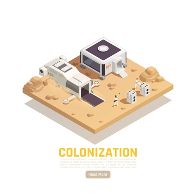 Space colonization terraforming isometric background with editable text read more button and people on extraterrestrial surface vector illustration